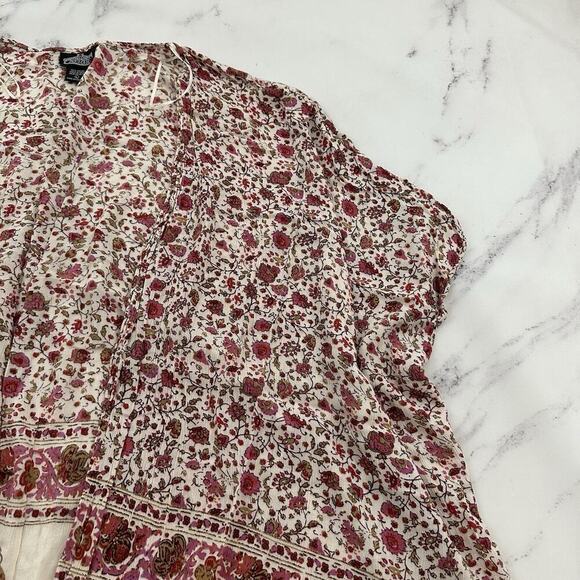 Angie Womens Kimono Cover Up Top Size L Pink White Floral Open Front Boho - Picture 3 of 11